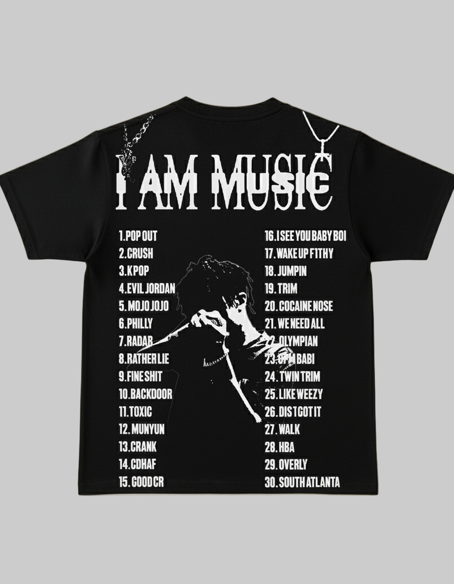 Black music tracklist t-shirt featuring a white graphic of a playboi carti opium"I AM MUSIC" text, and a numbered list of 30 song titles.