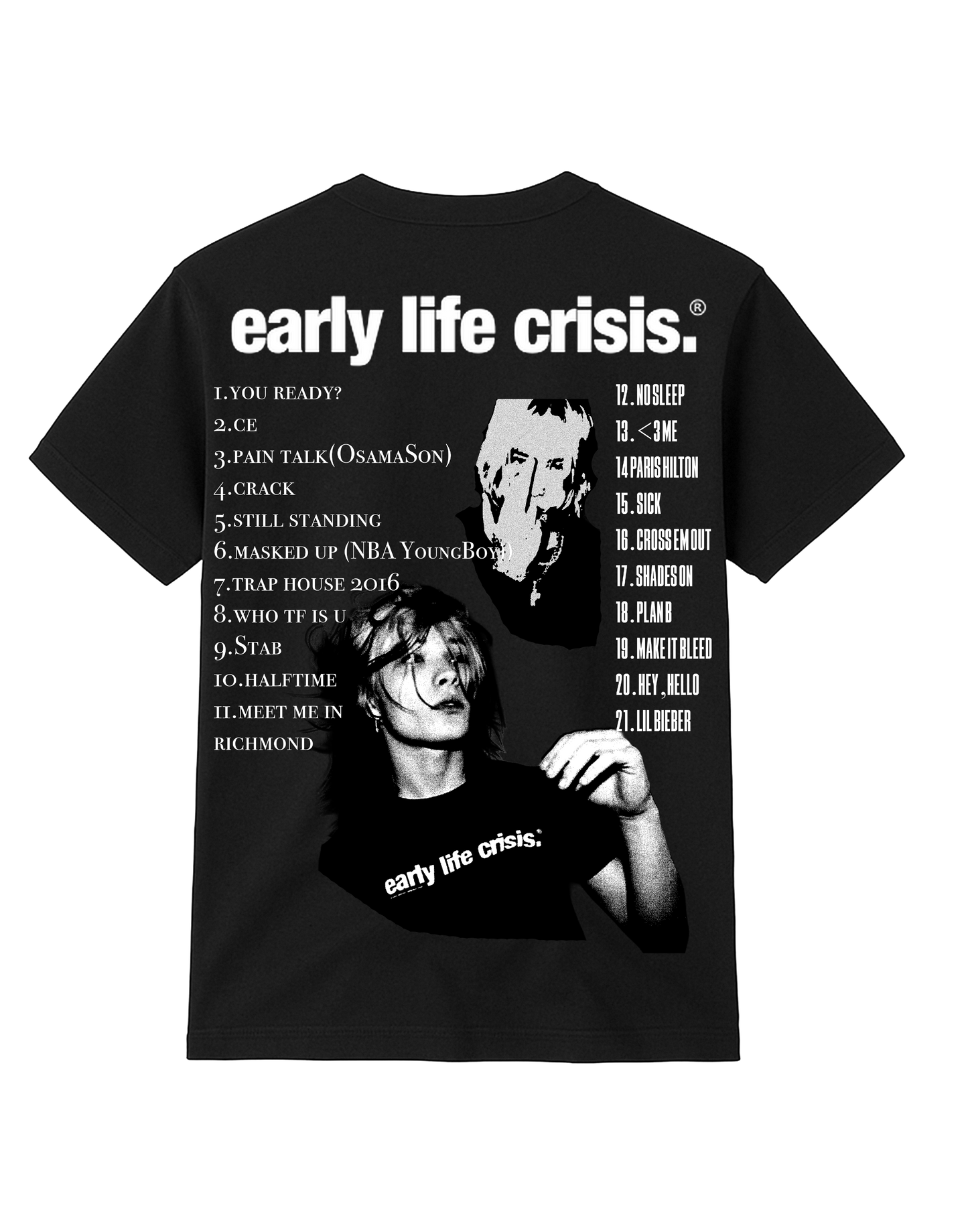 Back of Nettspend Early Life Crisis T-shirt with 21-song album tracklist, featuring songs like Pain Talk and Masked Up with grainy black and white artist portraits.