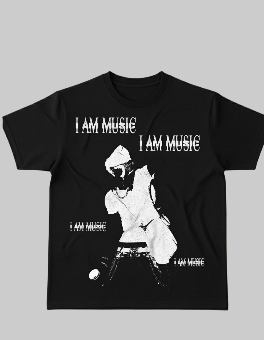Black music tracklist t-shirt featuring a white graphic of a playboi carti opium"I AM MUSIC" text, and a numbered list of 30 song titles.