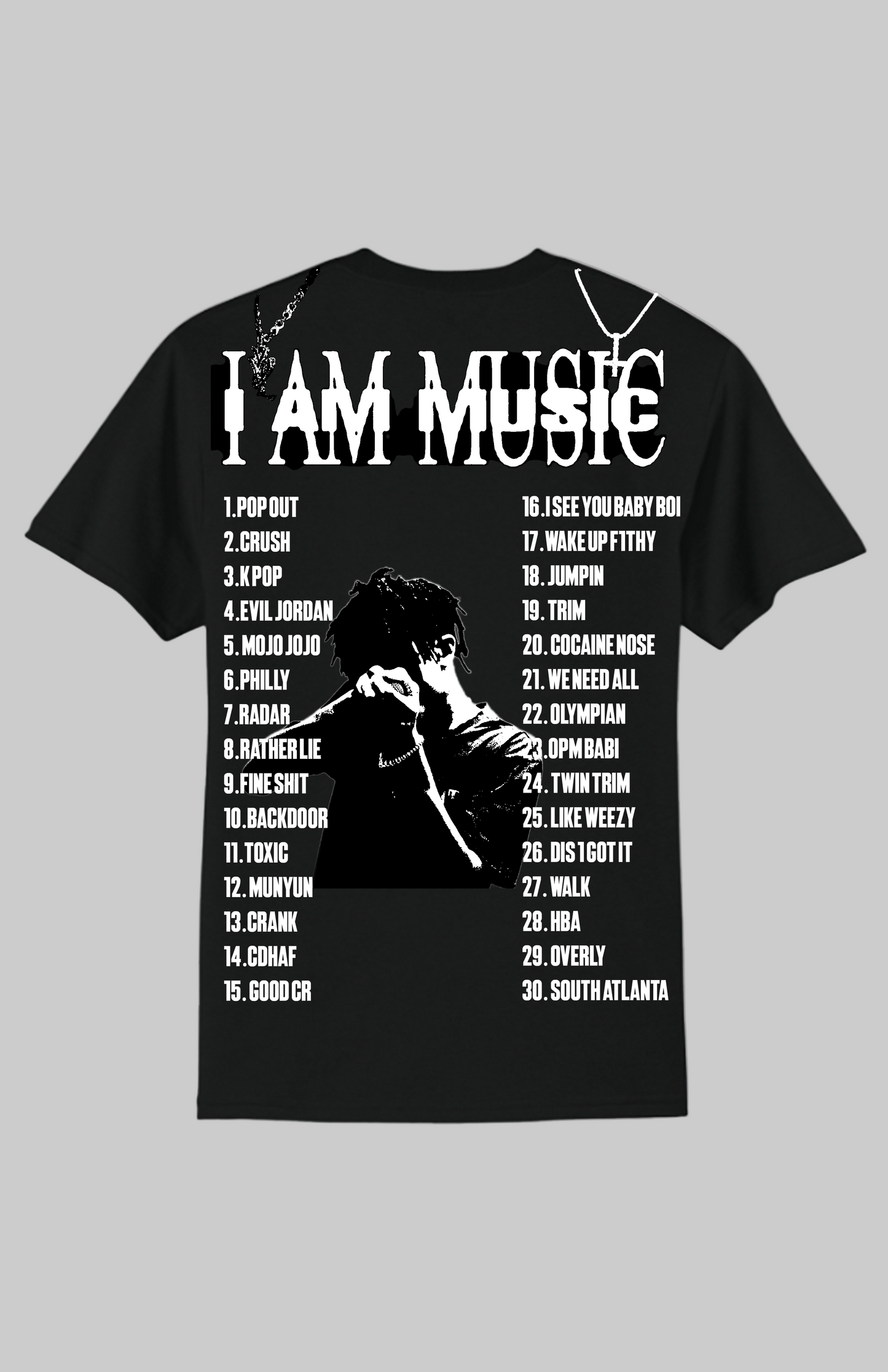 Black music tracklist t-shirt featuring a white graphic of a playboi carti opium"I AM MUSIC" text, and a numbered list of 30 song titles.