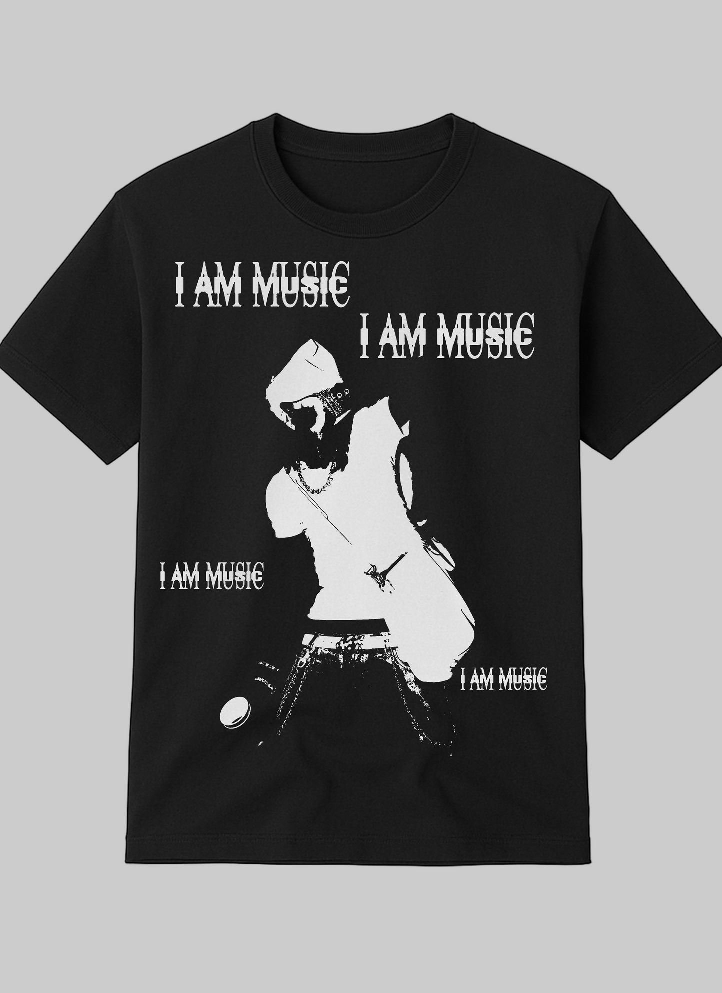 Black music tracklist t-shirt featuring a white graphic of a playboi carti opium"I AM MUSIC" text, and a numbered list of 30 song titles.