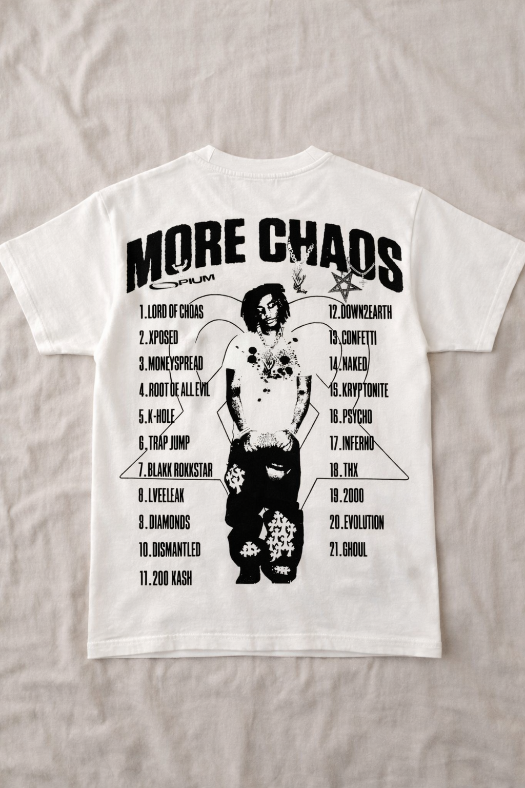 in person ken carson, Opium, rap merch, streetwear, chaos tee, urban clothing, festival outfit, concert tee