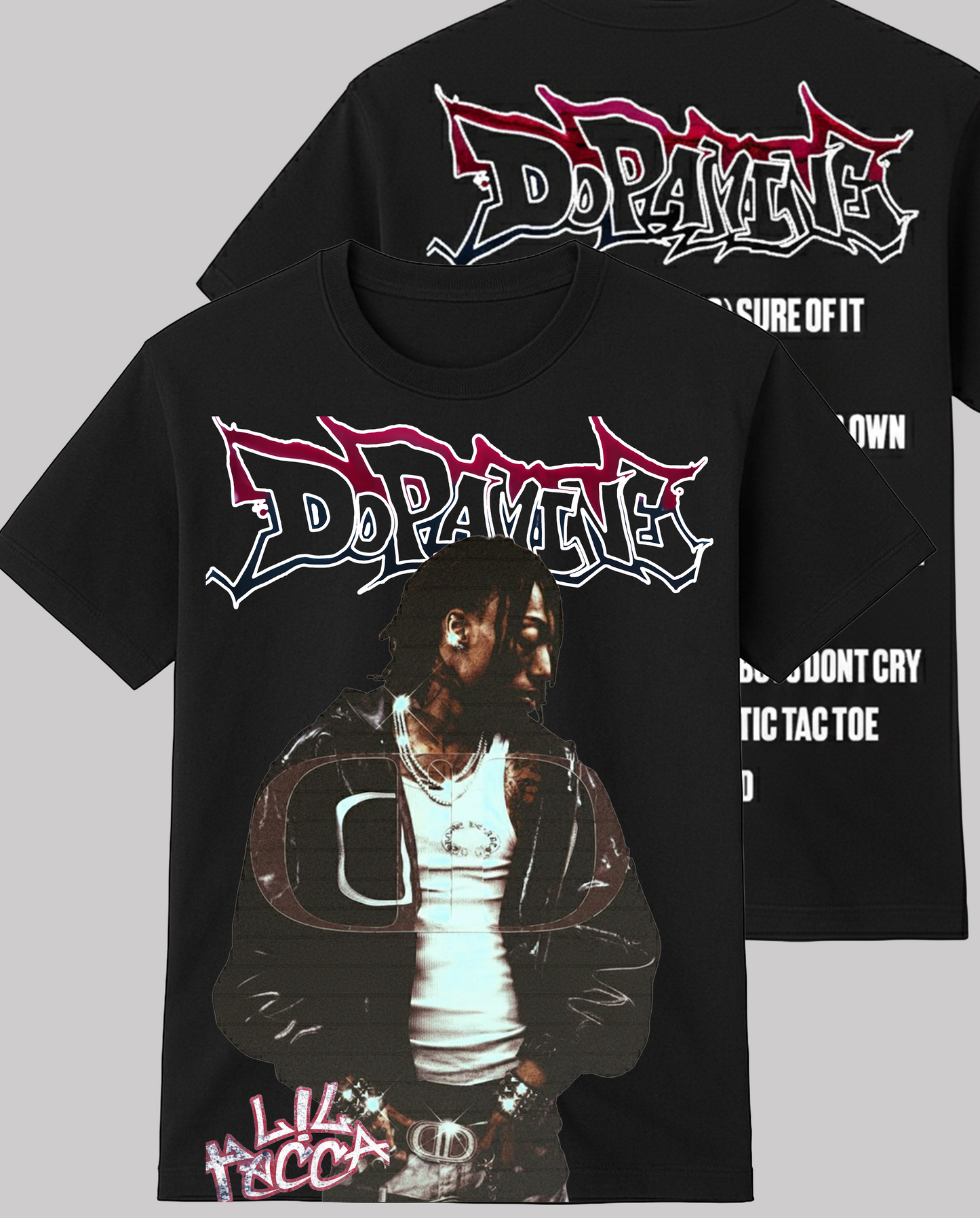 Black t-shirt featuring a vintage-style graphic of rapper Lil Tecca wearing a leather jacket, with the word 'DOPAMINE' in a red and white graffiti font above him. The artist's name 'Lil Tecca' is visible near the bottom.
Black t-shirt with a white printed list of 17 songs on the back, representing the full Lil Tecca 'DOPAMINE' album tracklist, including 'Dark Thoughts', 'Owa Owa', and 'Tic Tac Toe'.