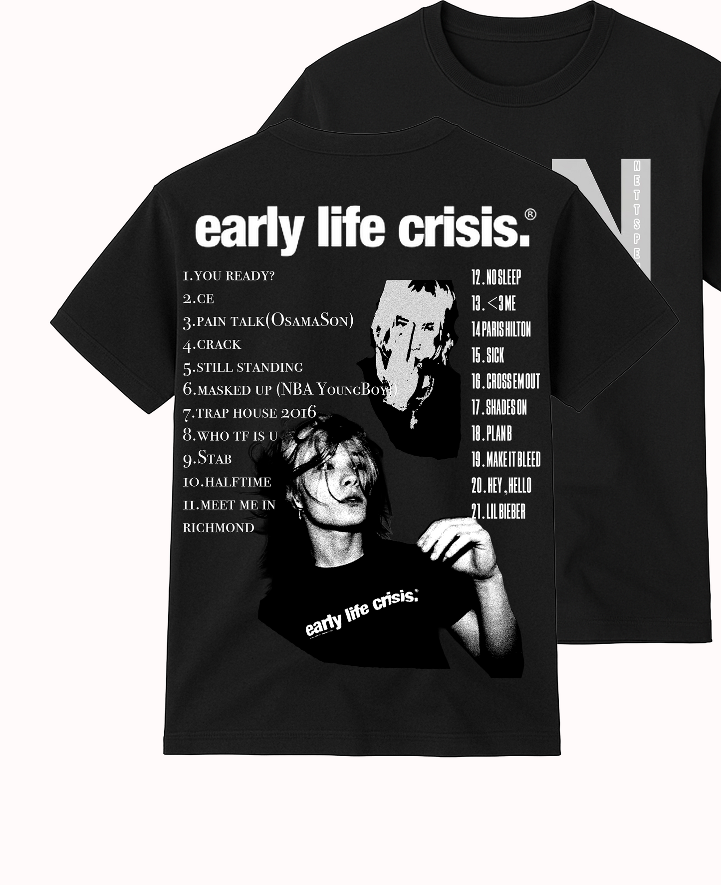  Back view of black Nettspend Early Life Crisis T-shirt featuring a 21-song album tracklist, two grainy black-and-white portraits of Nettspend, and "early life crisis" branding in white text.