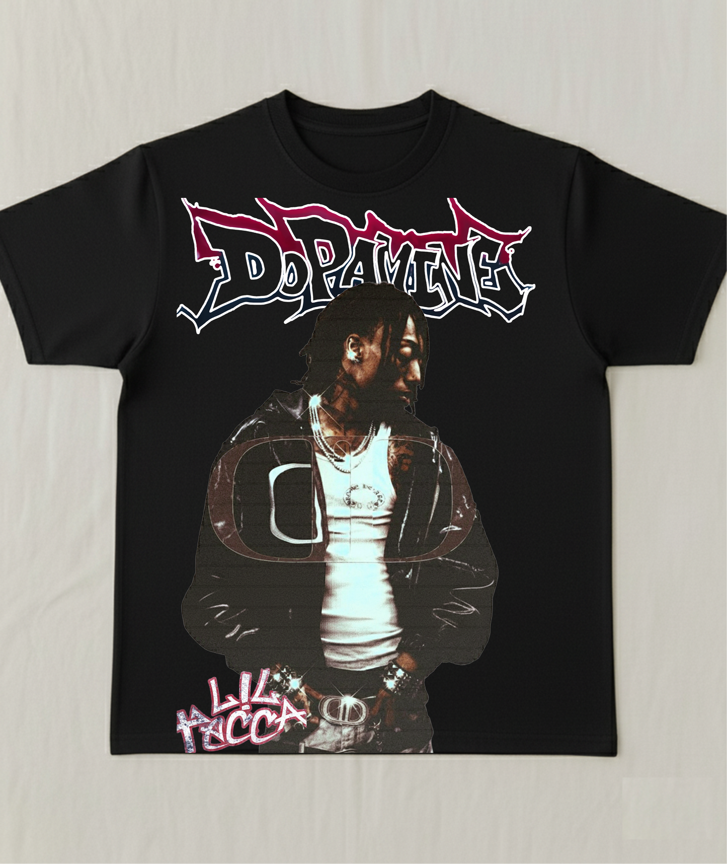 Black t-shirt featuring a vintage-style graphic of rapper Lil Tecca wearing a leather jacket, with the word 'DOPAMINE' in a red and white graffiti font above him. The artist's name 'Lil Tecca' is visible near the bottom.