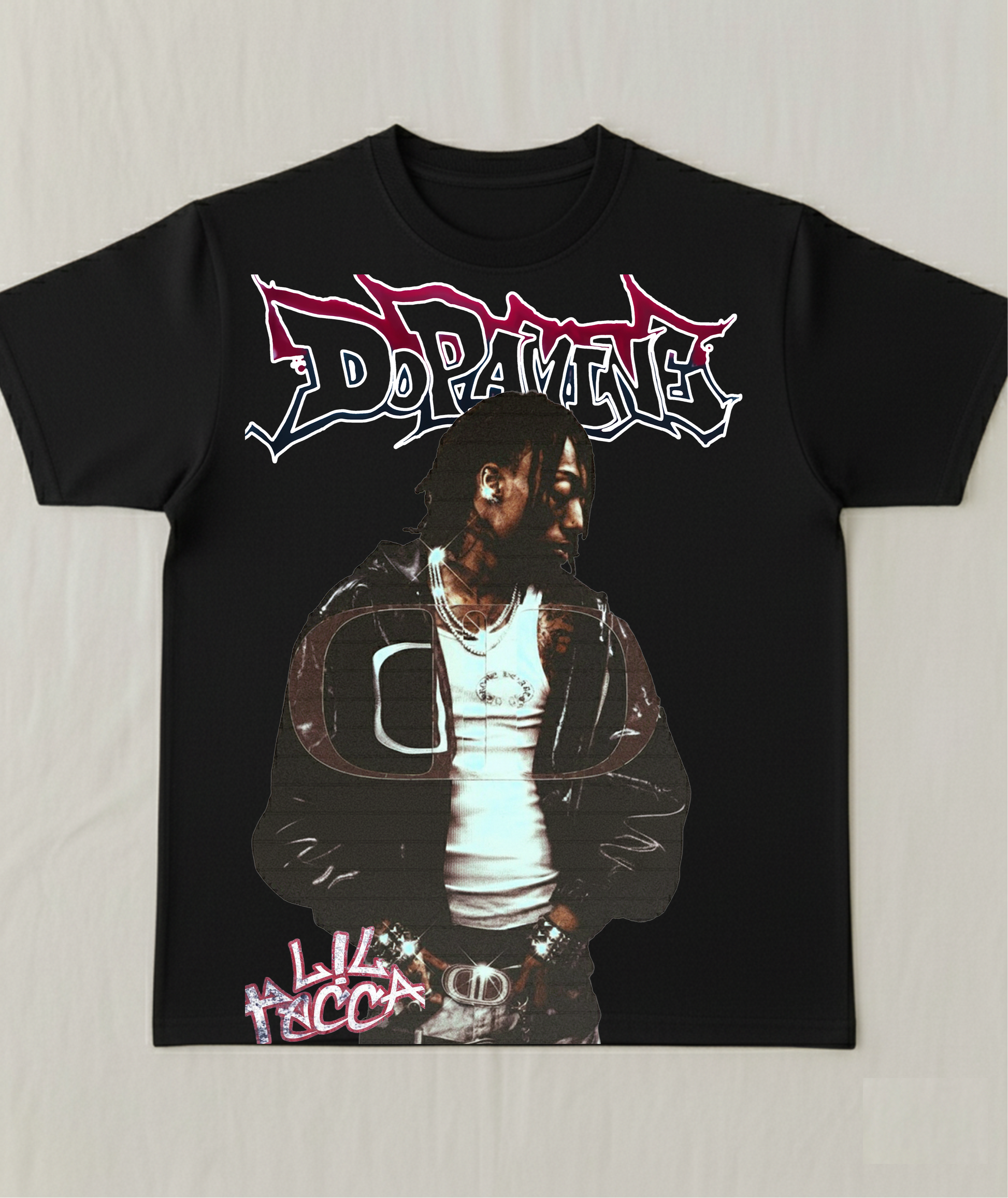 Black t-shirt featuring a vintage-style graphic of rapper Lil Tecca wearing a leather jacket, with the word 'DOPAMINE' in a red and white graffiti font above him. The artist's name 'Lil Tecca' is visible near the bottom.