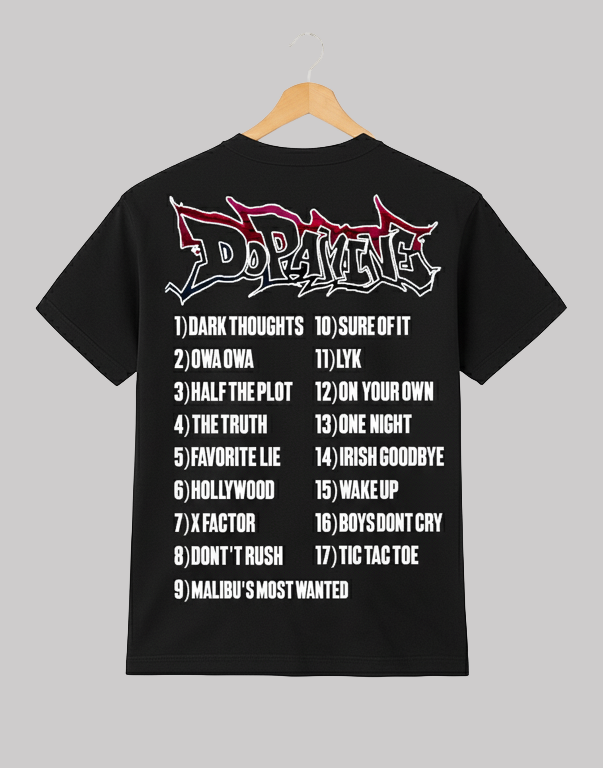 Black t-shirt with a white printed list of 17 songs on the back, representing the full Lil Tecca 'DOPAMINE' album tracklist, including 'Dark Thoughts', 'Owa Owa', and 'Tic Tac Toe'.