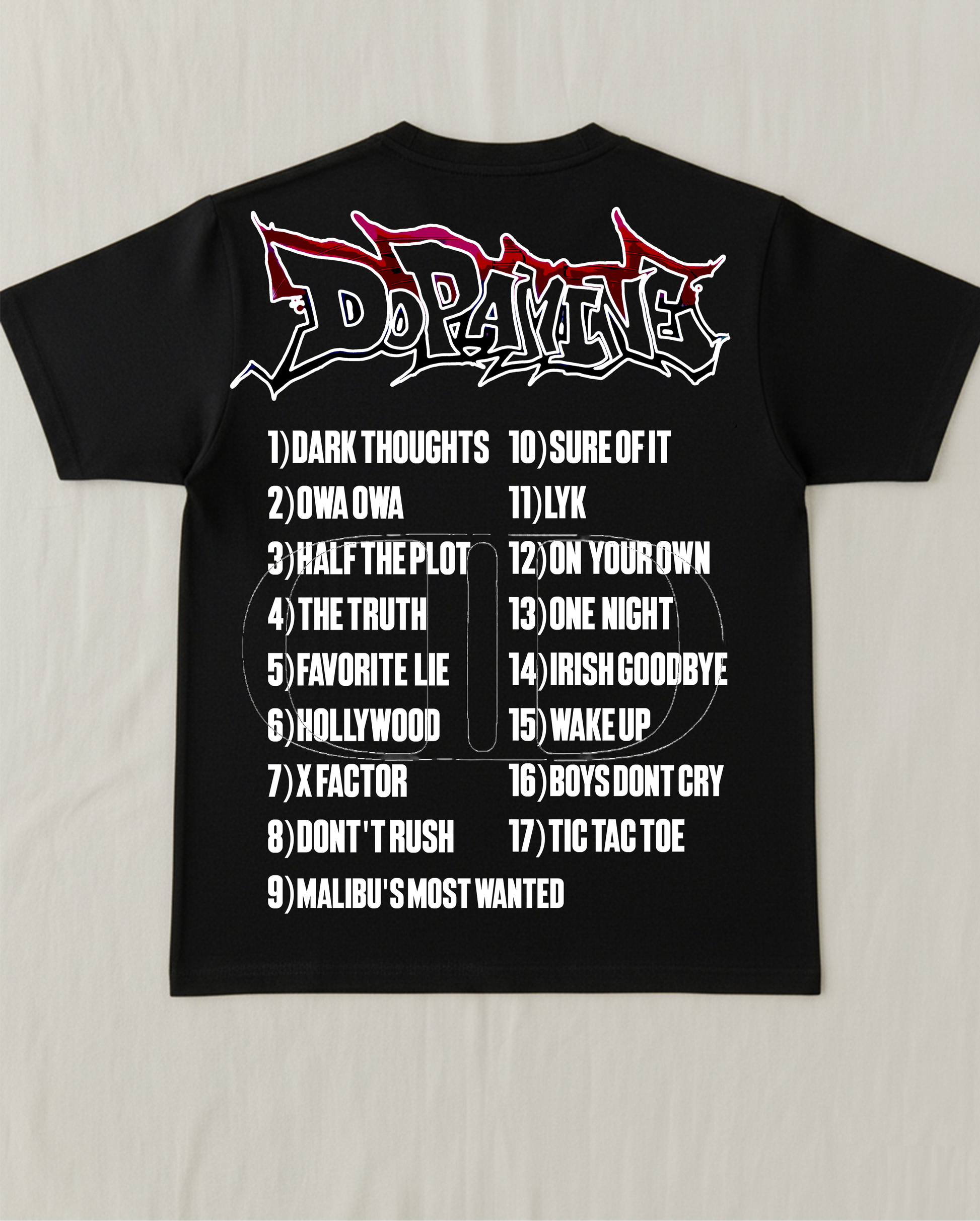 Black t-shirt with a white printed list of 17 songs on the back, representing the full Lil Tecca 'DOPAMINE' album tracklist, including 'Dark Thoughts', 'Owa Owa', and 'Tic Tac Toe'.