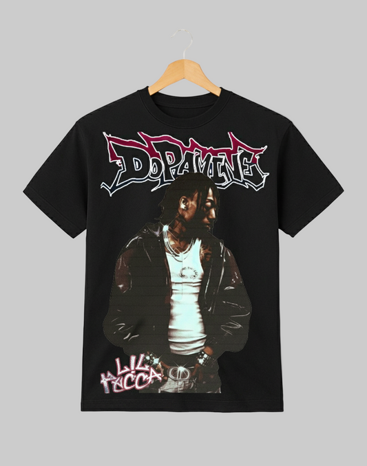 Black t-shirt featuring a vintage-style graphic of rapper Lil Tecca wearing a leather jacket, with the word 'DOPAMINE' in a red and white graffiti font above him. The artist's name 'Lil Tecca' is visible near the bottom.
