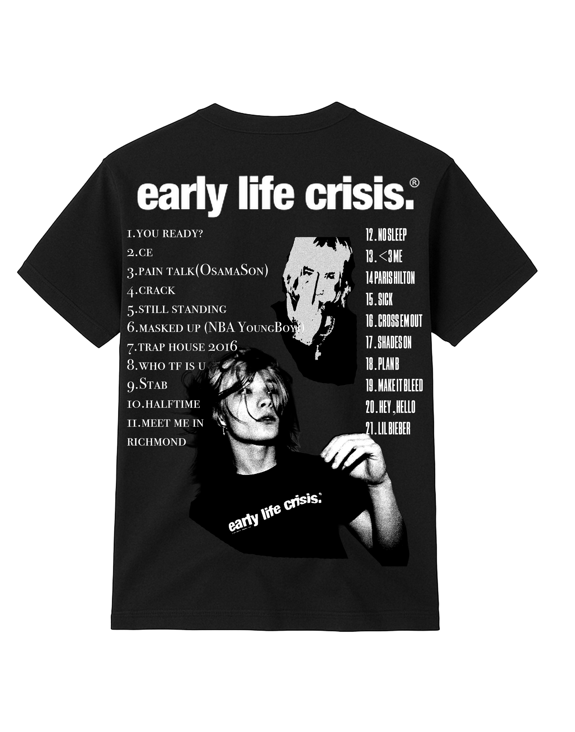 Back of Nettspend Early Life Crisis T-shirt with 21-song album tracklist, featuring songs like Pain Talk and Masked Up with grainy black and white artist portraits.