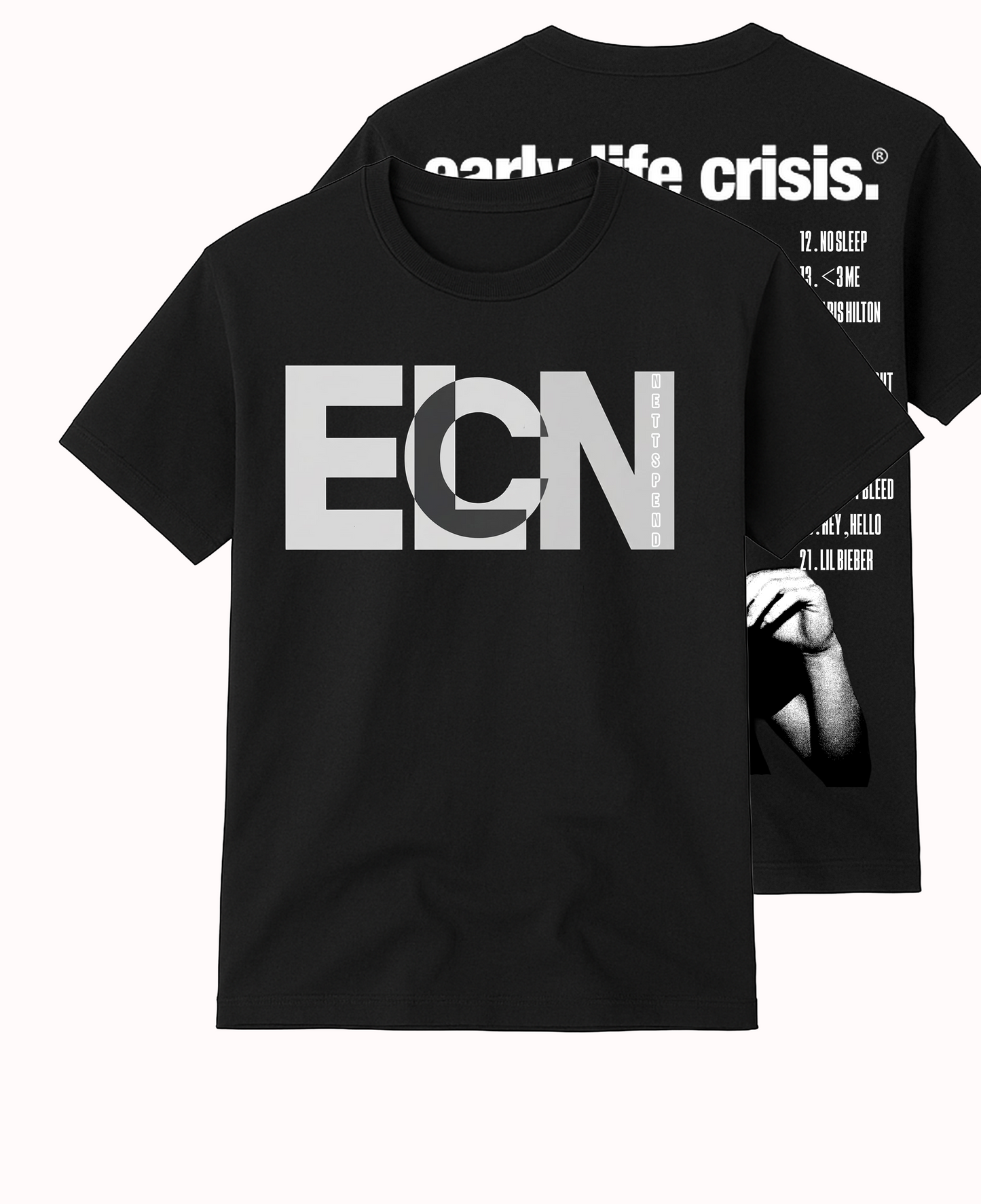 Front view of black Nettspend ECN merch shirt with a large grey "ECN" logo on the chest and "NETTSPEND" printed vertically. The background shows the album tracklist and artist graphics