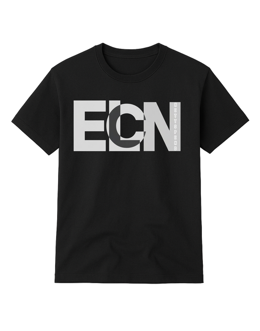 Front of Nettspend Early Life Crisis T-shirt featuring a large bold ECN logo in grey with NETTSPEND vertical text on a heavyweight black streetwear tee.