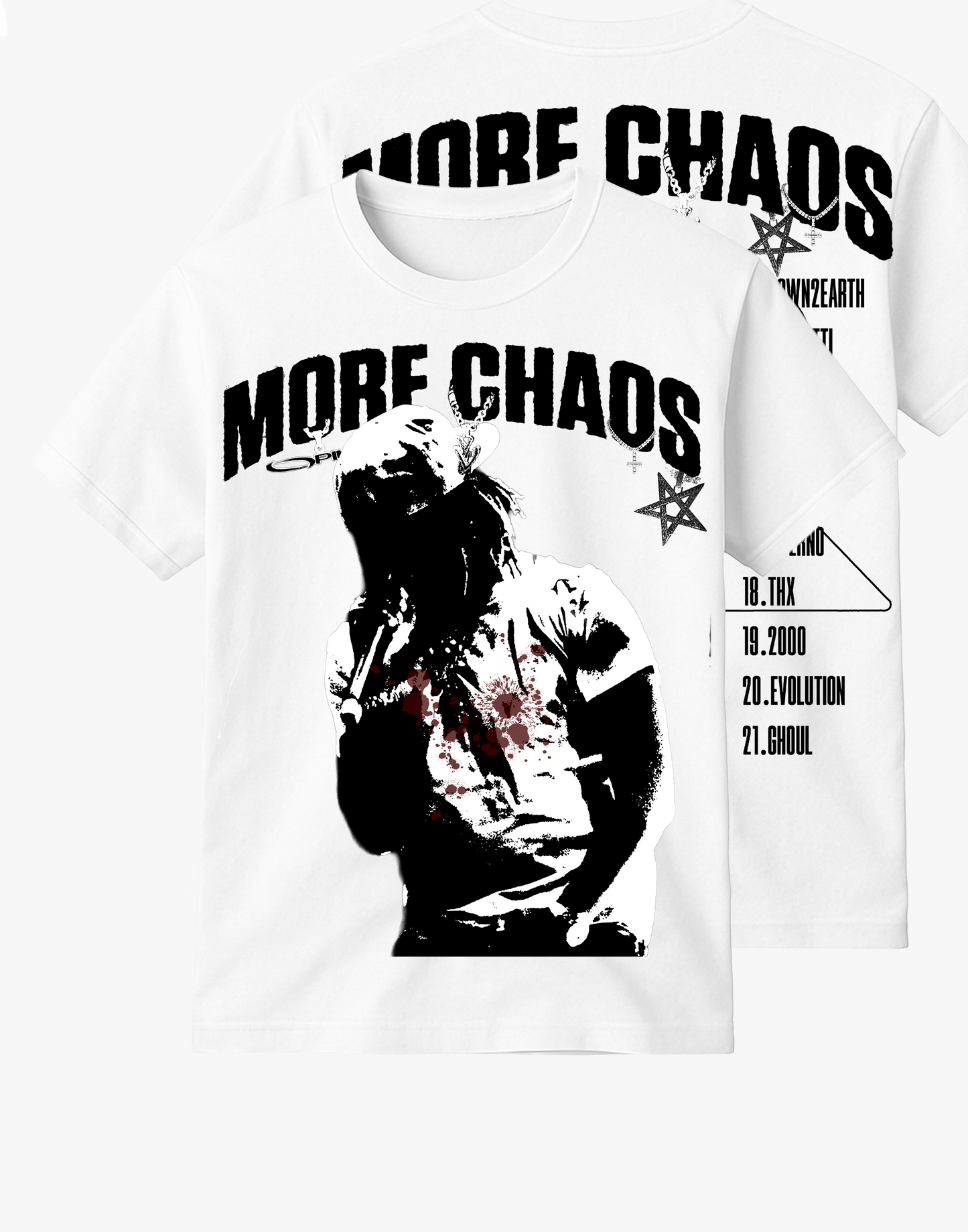 More Ken Carson More Chaos Tee front design rap merch Opium streetwear”More Ken Carson More Chaos Tee back tackles design Opium urban fashion”